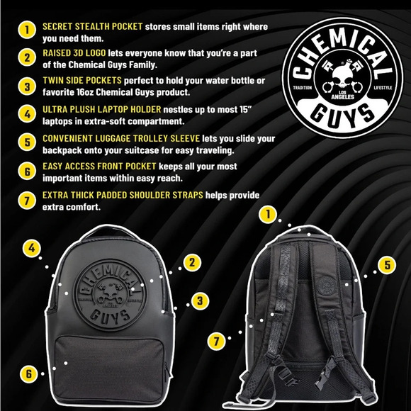CHEMICAL GUYS BLACK LEGACY STEALTH MULTIPURPOSE BACKPACK travel school work - Picture 3 of 16